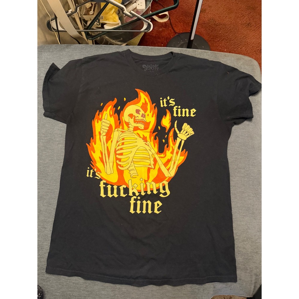 Spencers Skeleton on Fire Its Fine Graphic Tee Black Cotton T-Shirt Mens Medium